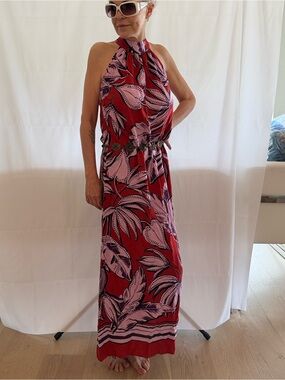 MSK Red and Pink Halter Maxi Dress with Tropical Leaf Print
